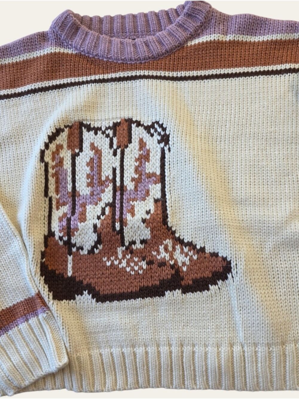 Lumiere Cowboy Boot Knit Sweater Cream Western Size Large NWT - Picture 2 of 10